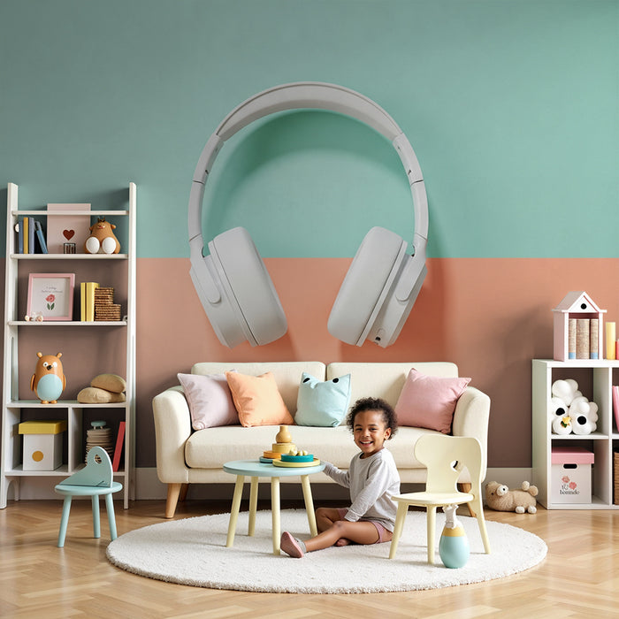 Kinderkamer behang | Moderne koptelefoon op pastel achtergrond