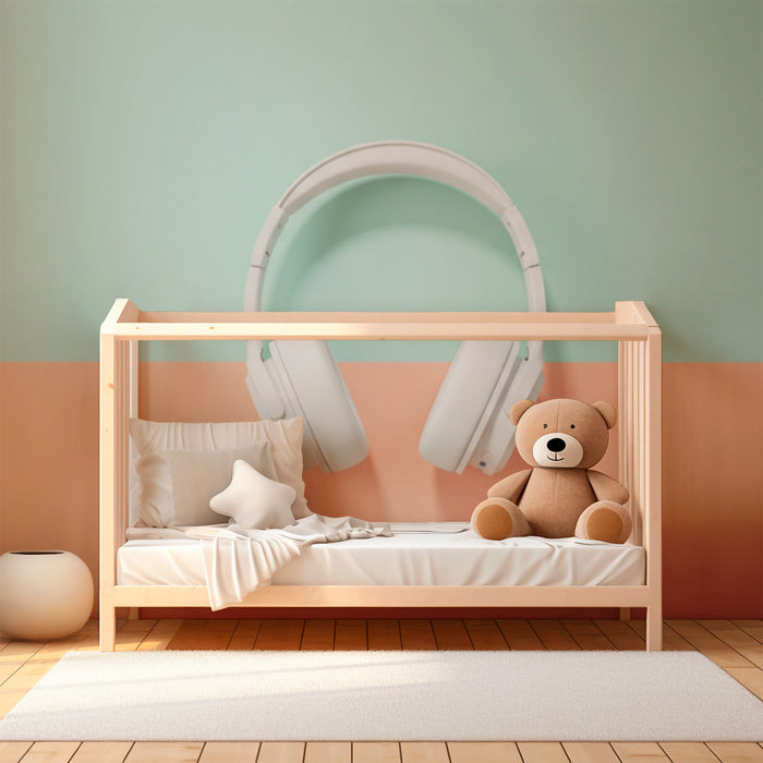 Kinderkamer behang | Moderne koptelefoon op pastel achtergrond