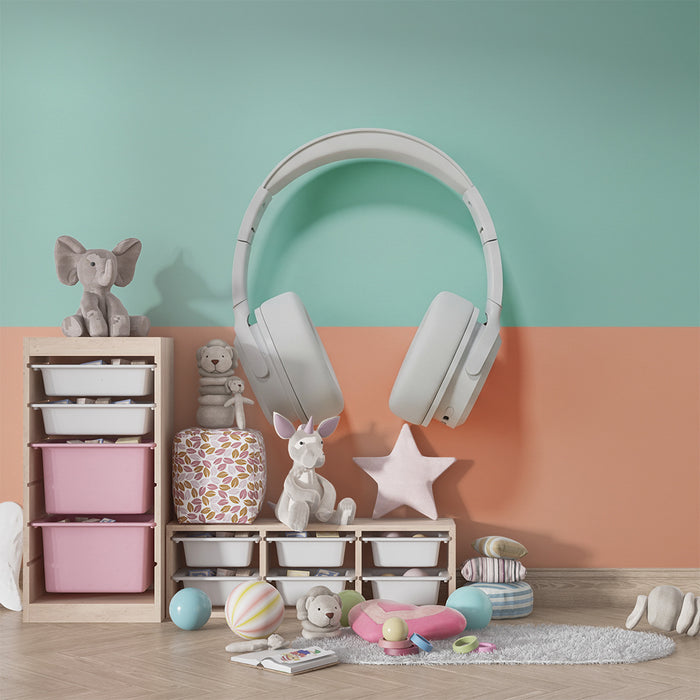 Kinderkamer behang | Moderne koptelefoon op pastel achtergrond