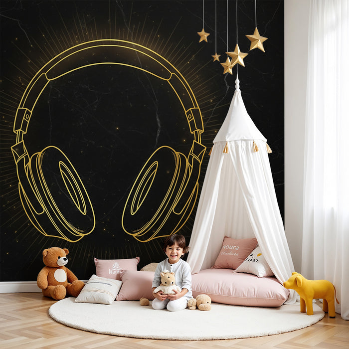 Carta da parati bambini | Cuffie audio stilizzate su sfondo nero