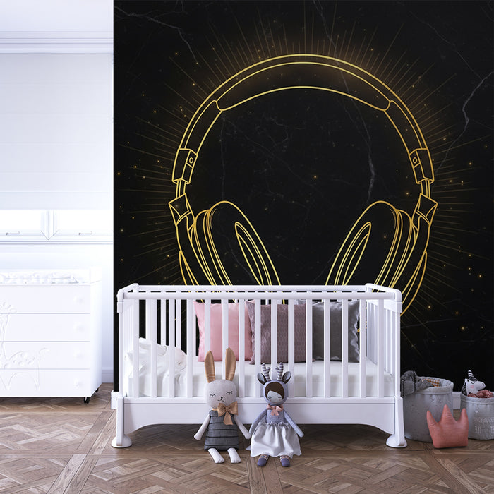 Carta da parati bambini | Cuffie audio stilizzate su sfondo nero