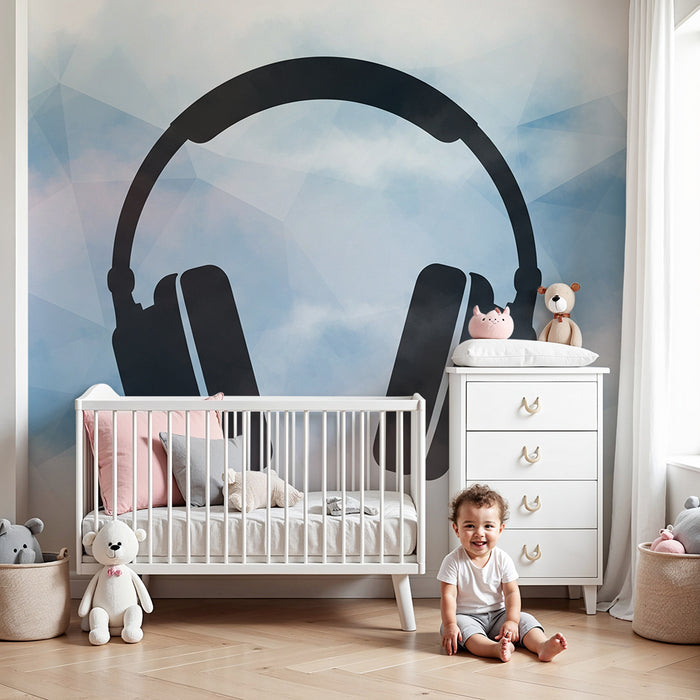 Carta da parati bambini | Cuffie audio su sfondo nuvoloso