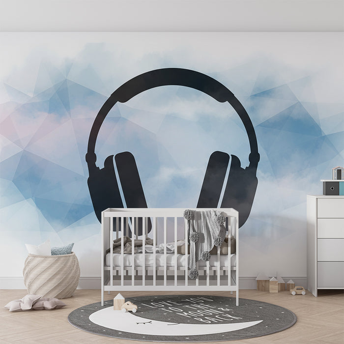 Carta da parati bambini | Cuffie audio su sfondo nuvoloso