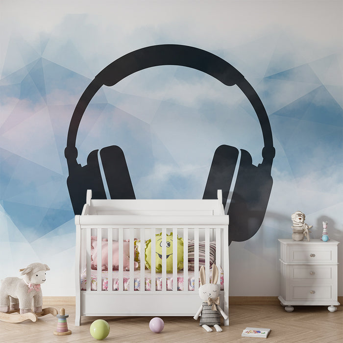 Carta da parati bambini | Cuffie audio su sfondo nuvoloso