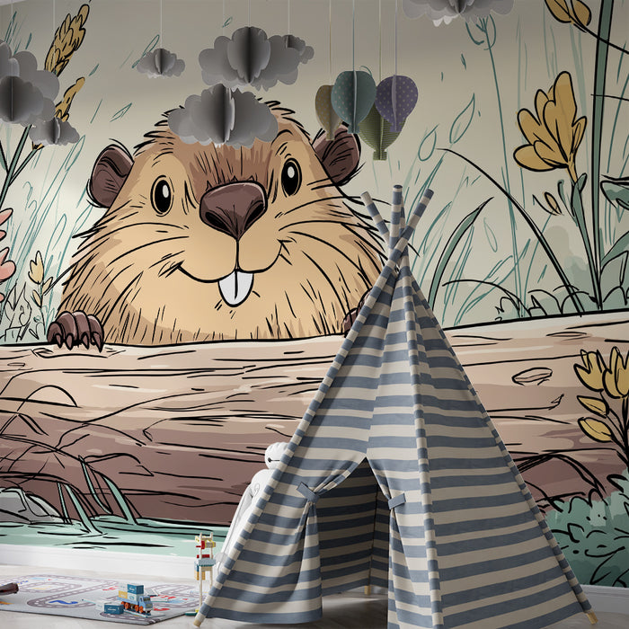 Papier peint chambre enfant | Castor espiègle dans un décor floral