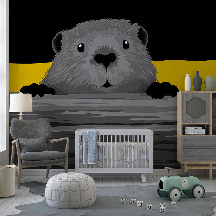 Papel pintado infantil | Castor lindo emergiendo de un tronco de madera