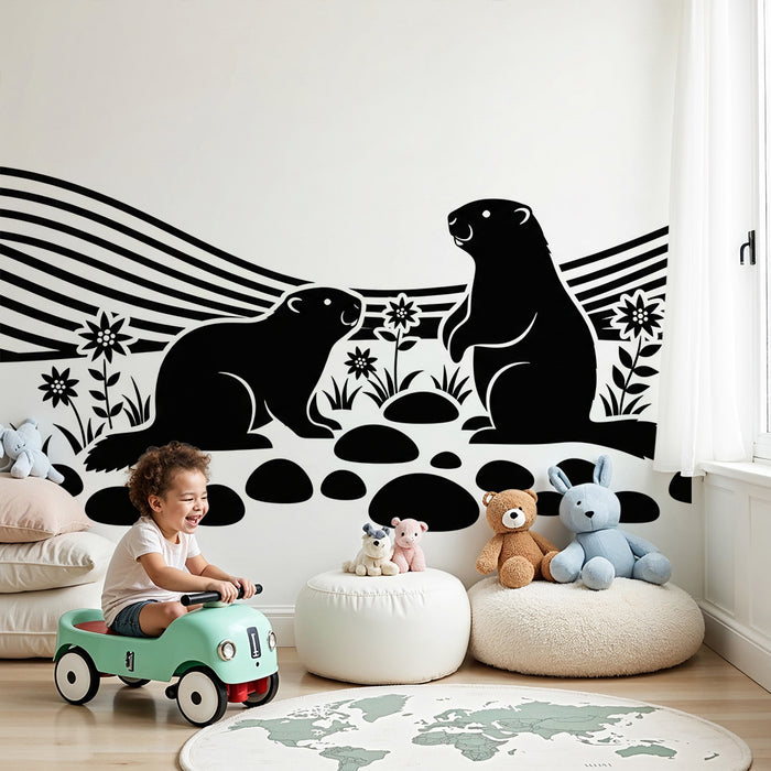Kinderzimmer Tapete | Lustige Rollen in einer blumigen Landschaft