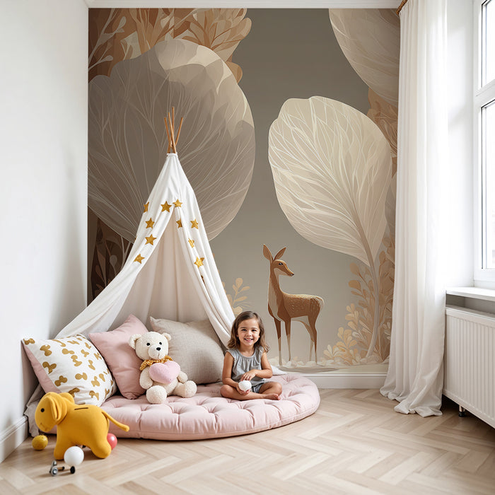 Papier peint chambre enfant | Cerf au milieu des feuilles dorées