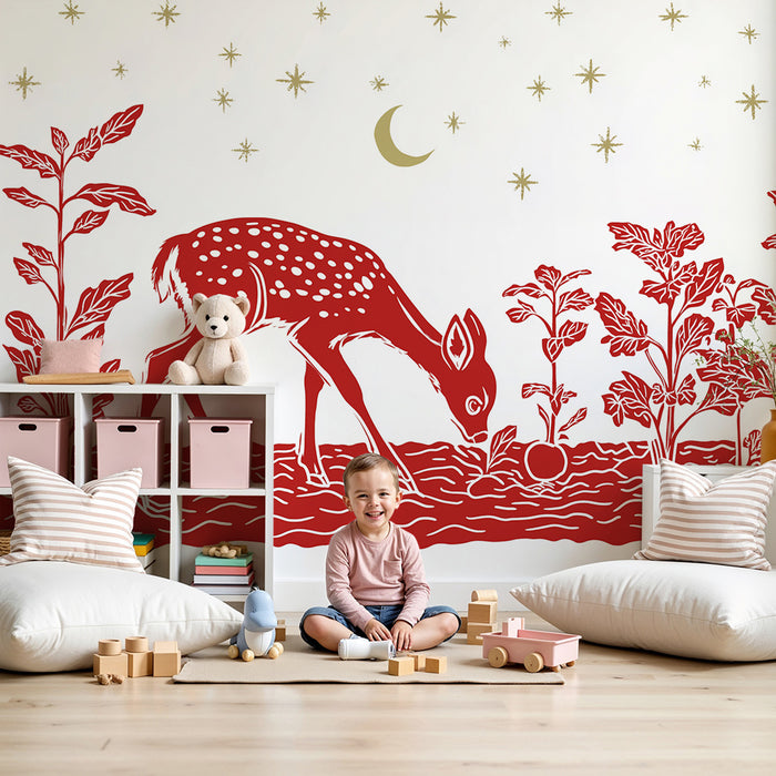Kinderzimmer Tapete | Neugieriger Hirsch in einem Sternengarten