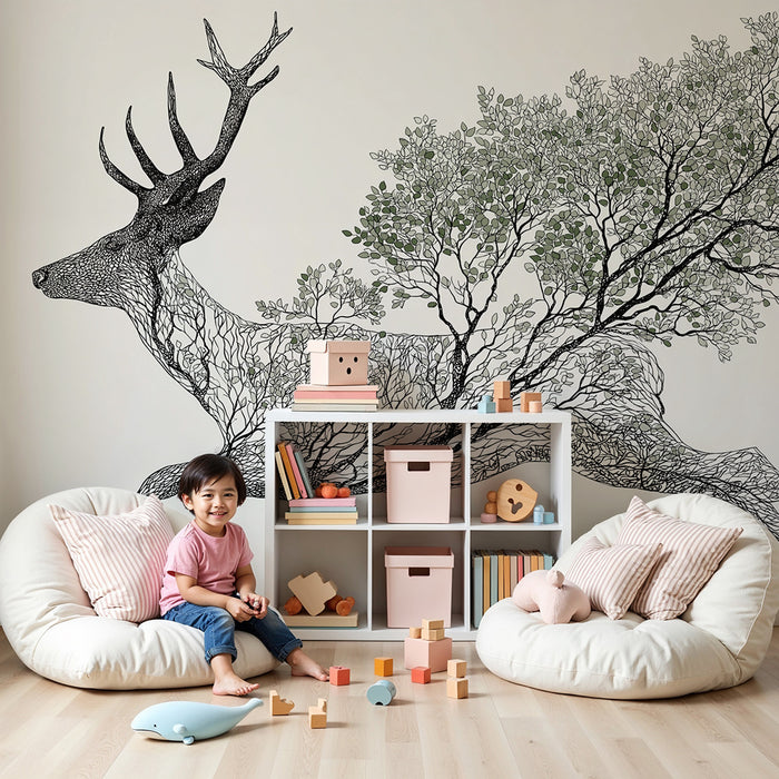 Χαρτί τοίχου παιδικού δωματίου | Ελάφι σε κίνηση με κλαδιά