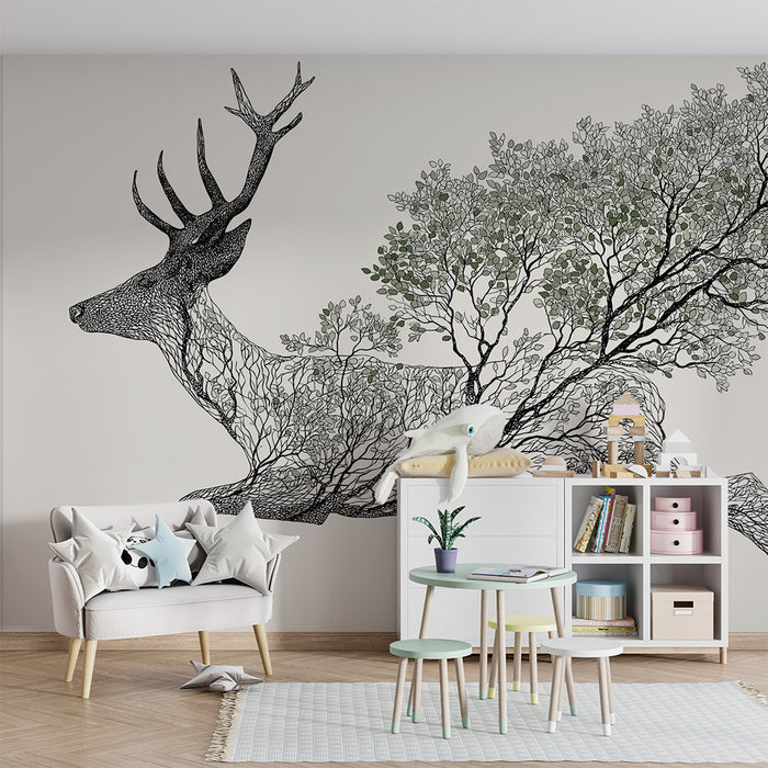 Χαρτί τοίχου παιδικού δωματίου | Ελάφι σε κίνηση με κλαδιά
