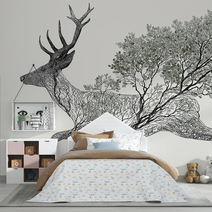 Χαρτί τοίχου παιδικού δωματίου | Ελάφι σε κίνηση με κλαδιά