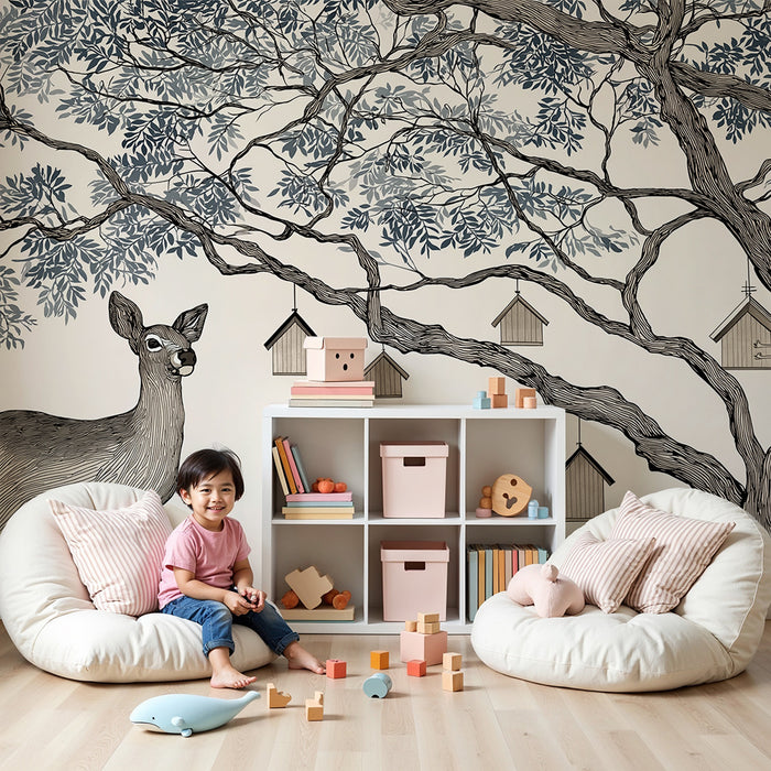 Χαρτί τοιχοποιίας παιδικού δωματίου | Ελάφια και δέντρα με λαμπάδια