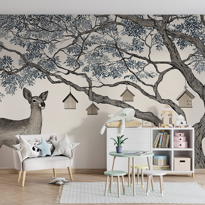 Χαρτί τοιχοποιίας παιδικού δωματίου | Ελάφια και δέντρα με λαμπάδια