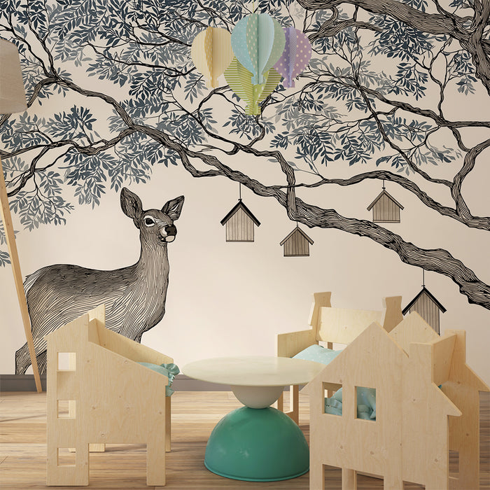 Χαρτί τοιχοποιίας παιδικού δωματίου | Ελάφια και δέντρα με λαμπάδια