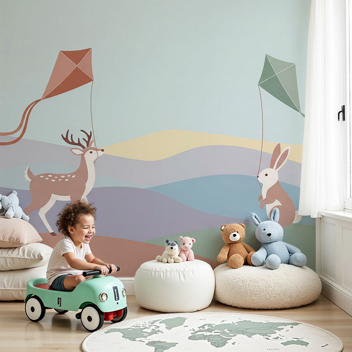 Papier peint chambre enfant | Cerf et lapin avec des cerfs-volants