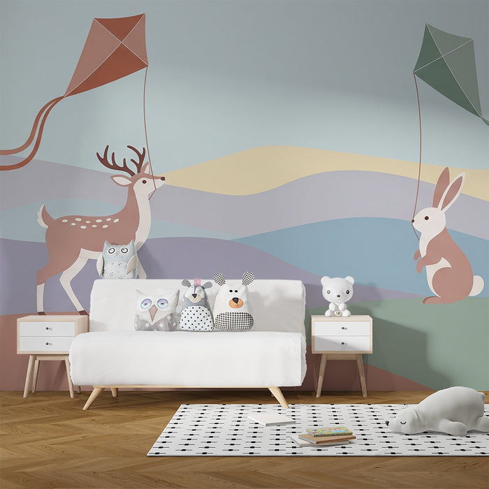 Papier peint chambre enfant | Cerf et lapin avec des cerfs-volants