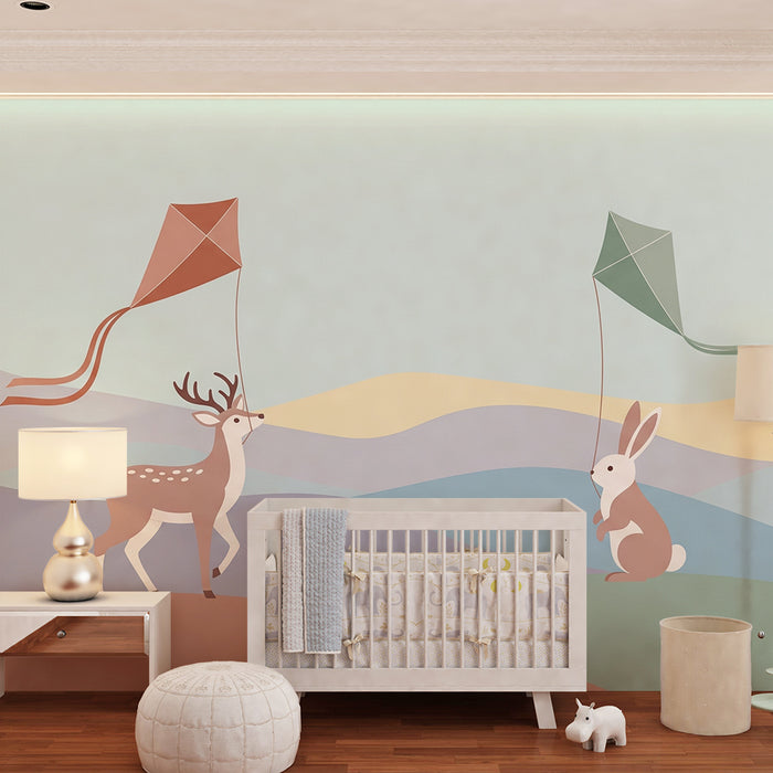 Papier peint chambre enfant | Cerf et lapin avec des cerfs-volants