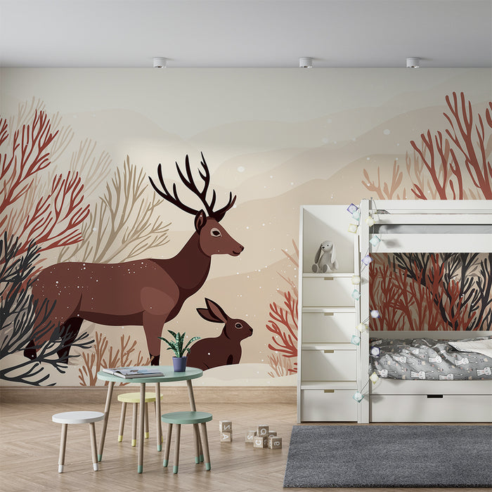 Kinderkamer behang | Hert en konijn in een rustig winterlandschap
