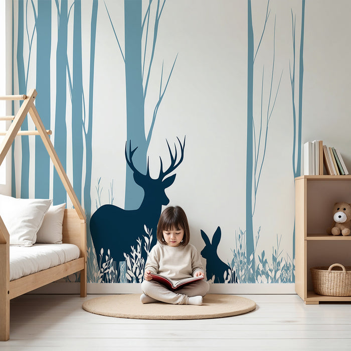 Kinderzimmer Tapete | Hirsch und Hase in einem beruhigenden Wald