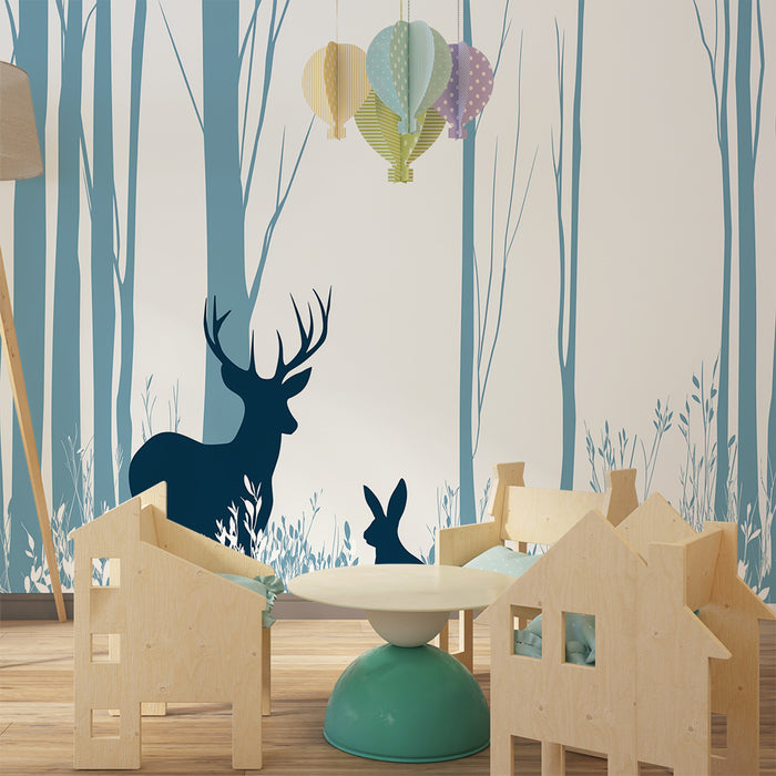 Kinderzimmer Tapete | Hirsch und Hase in einem beruhigenden Wald