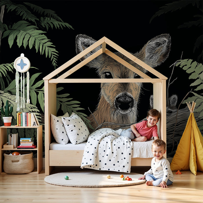 Kids room wallpaper | Deer and raccoon in the lush forest