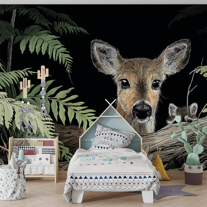 Kids room wallpaper | Deer and raccoon in the lush forest