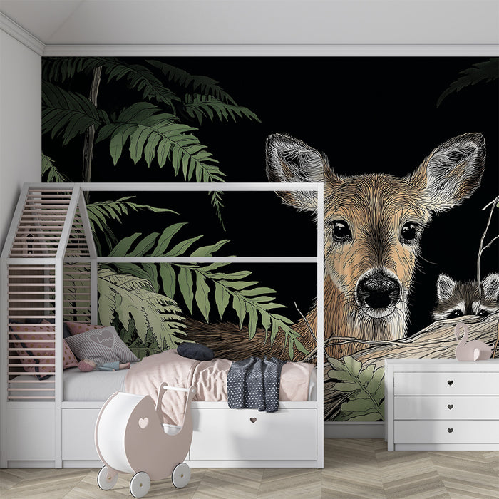 Kids room wallpaper | Deer and raccoon in the lush forest