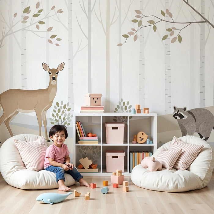 Papel pintado infantil | Ciervo y mapache en un bosque tranquilo