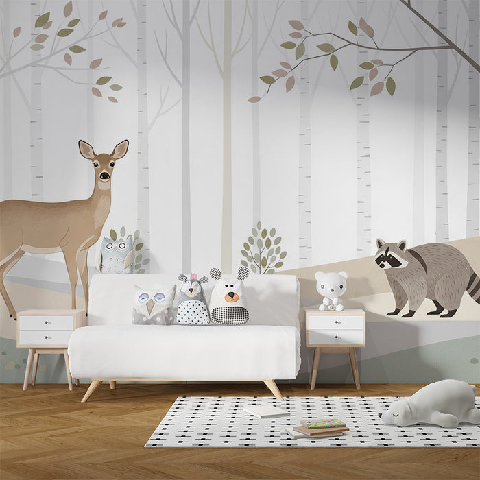 Papel pintado infantil | Ciervo y mapache en un bosque tranquilo
