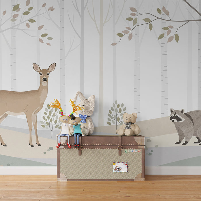 Papel pintado infantil | Ciervo y mapache en un bosque tranquilo