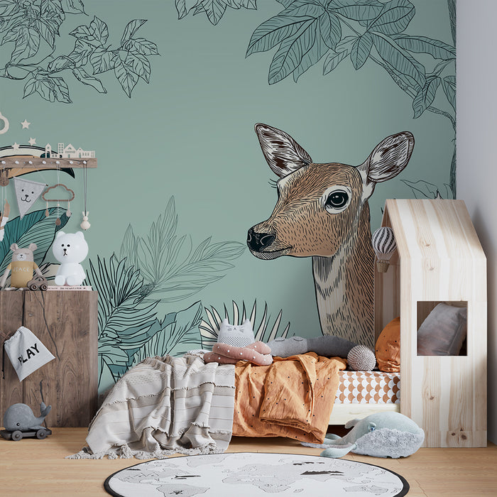 Lastenhuoneen tapetti | Hirvi ja tukaani trooppisen viidakon keskellä