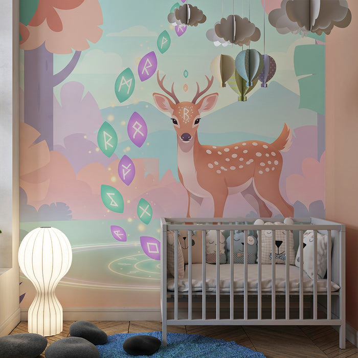 Kinderkamer behang | Magisch hert in een kleurrijk bos