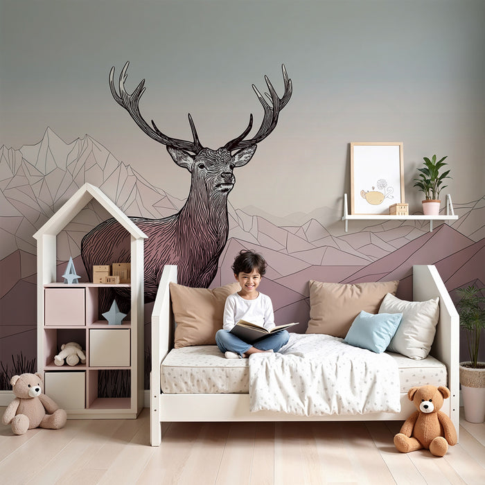 Papier peint chambre enfant | Cerf majestueux dans un paysage montagneux pastel