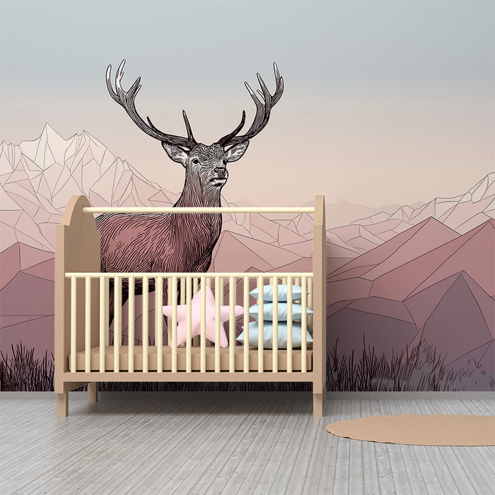 Papier peint chambre enfant | Cerf majestueux dans un paysage montagneux pastel