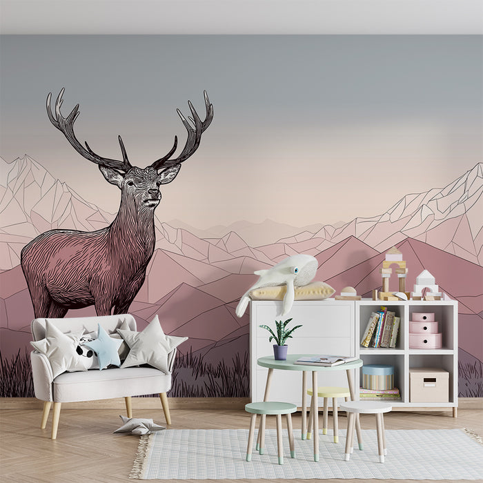 Papier peint chambre enfant | Cerf majestueux dans un paysage montagneux pastel