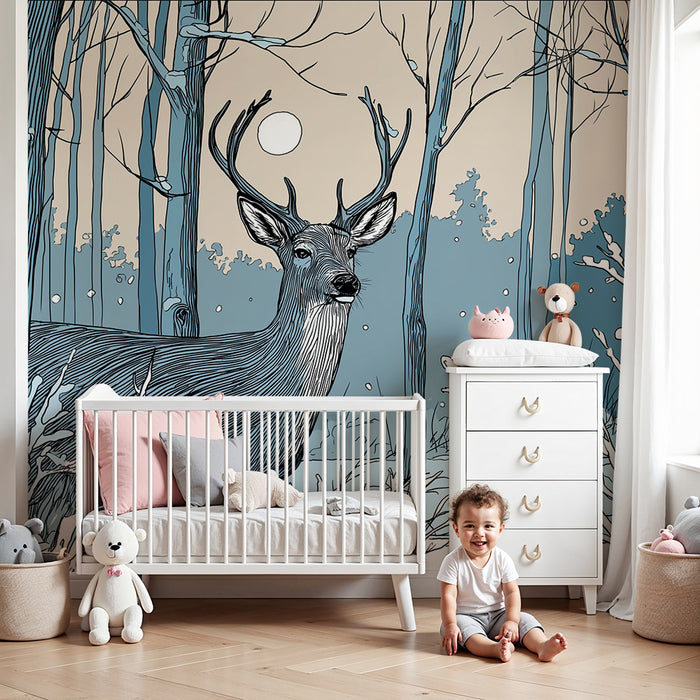 Kinderzimmer Tapete | Majestätischer Hirsch in einem winterlichen Wald