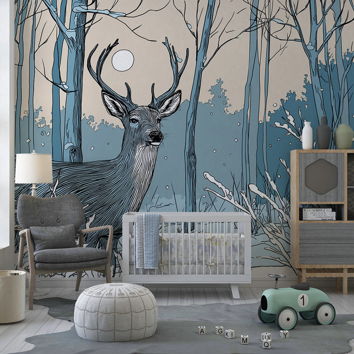 Kinderzimmer Tapete | Majestätischer Hirsch in einem winterlichen Wald