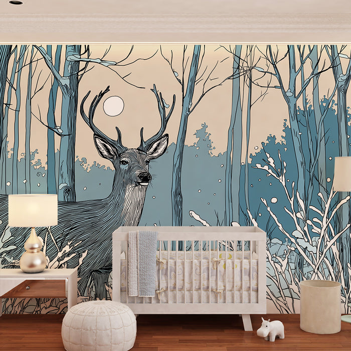 Kinderzimmer Tapete | Majestätischer Hirsch in einem winterlichen Wald