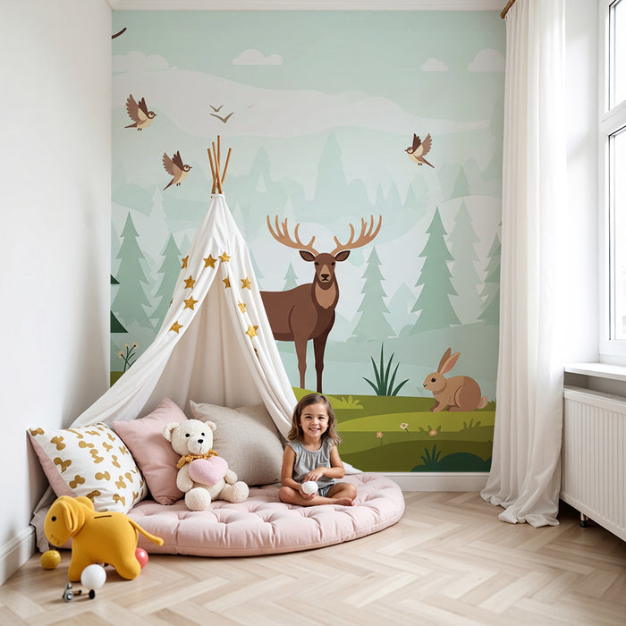 **Tapete Kinderzimmer | Majestätischer Hirsch und Waldtiere in einer Naturlandschaft**