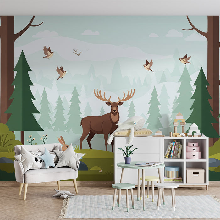 **Tapete Kinderzimmer | Majestätischer Hirsch und Waldtiere in einer Naturlandschaft**