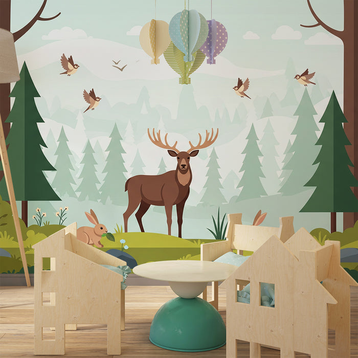 **Tapete Kinderzimmer | Majestätischer Hirsch und Waldtiere in einer Naturlandschaft**