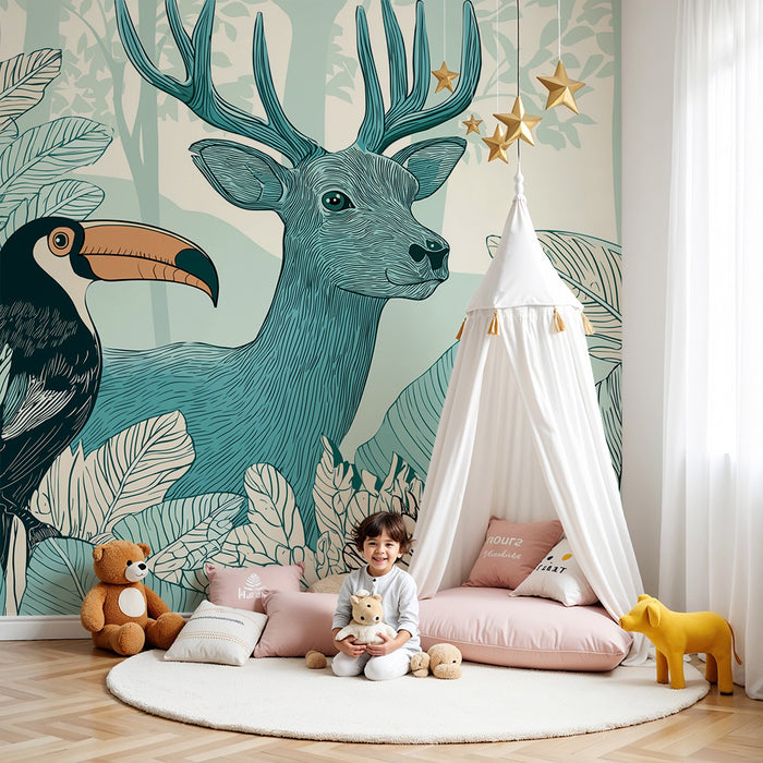 Kinderzimmer Tapete | Majestätischer Hirsch und Tukan im Herzen des Dschungels