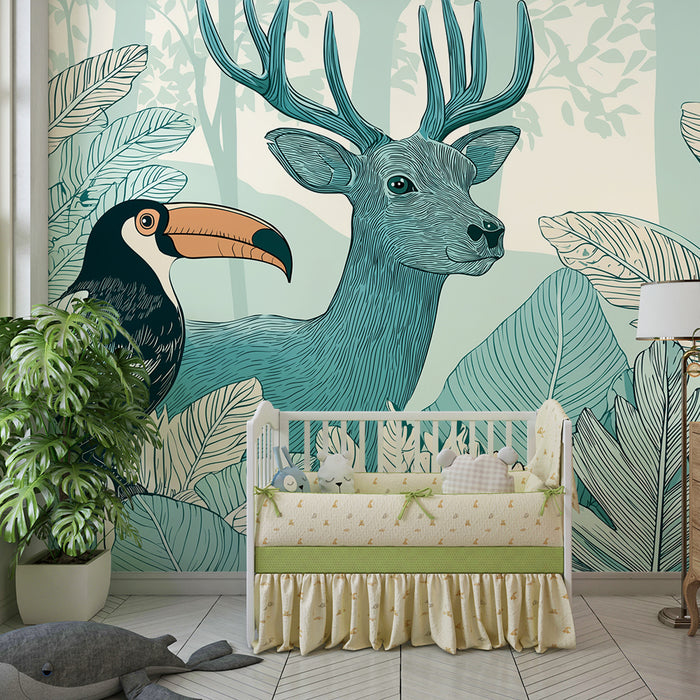 Kinderzimmer Tapete | Majestätischer Hirsch und Tukan im Herzen des Dschungels