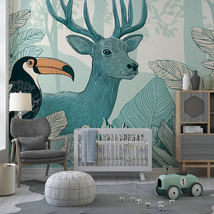 Kinderzimmer Tapete | Majestätischer Hirsch und Tukan im Herzen des Dschungels