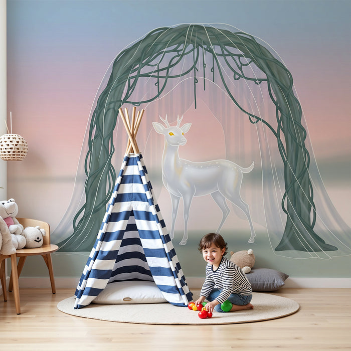 Papier peint chambre enfant | Cerf majestueux sous un arc de verdure délicat