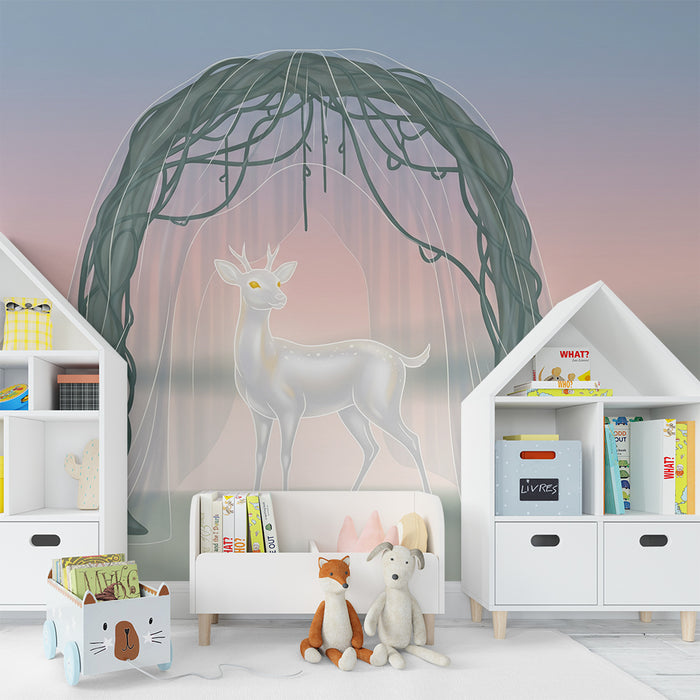 Papier peint chambre enfant | Cerf majestueux sous un arc de verdure délicat