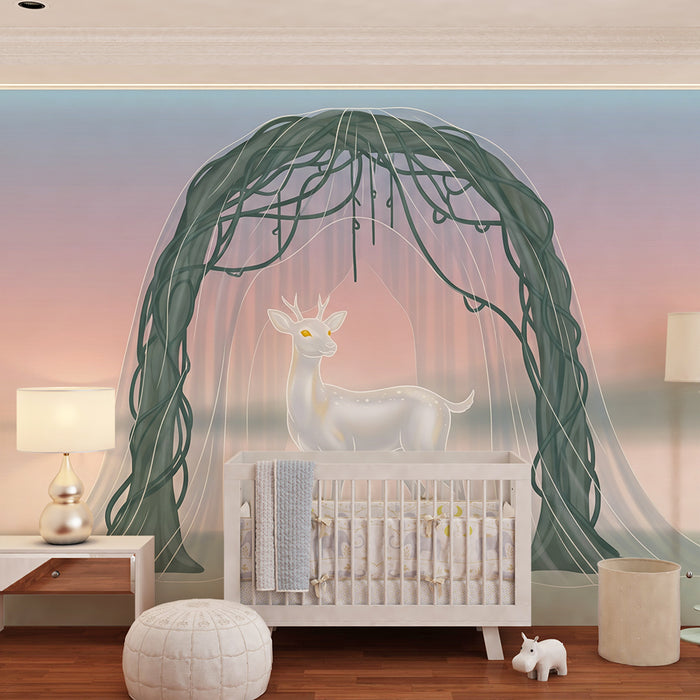 Papier peint chambre enfant | Cerf majestueux sous un arc de verdure délicat