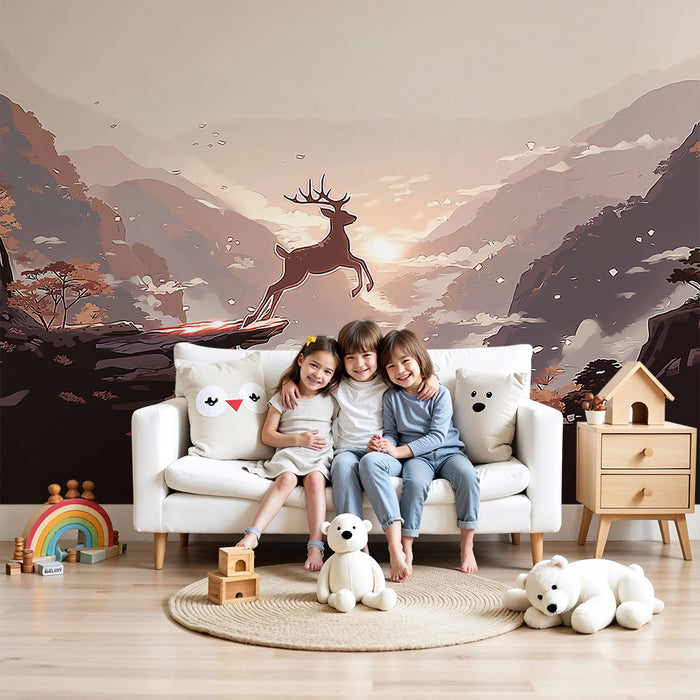 Papier peint chambre enfant | Cerf majestueux surplombant une vallée enchanteresse
