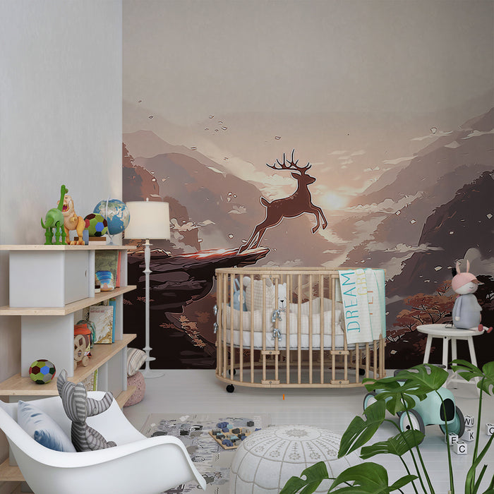 Papier peint chambre enfant | Cerf majestueux surplombant une vallée enchanteresse